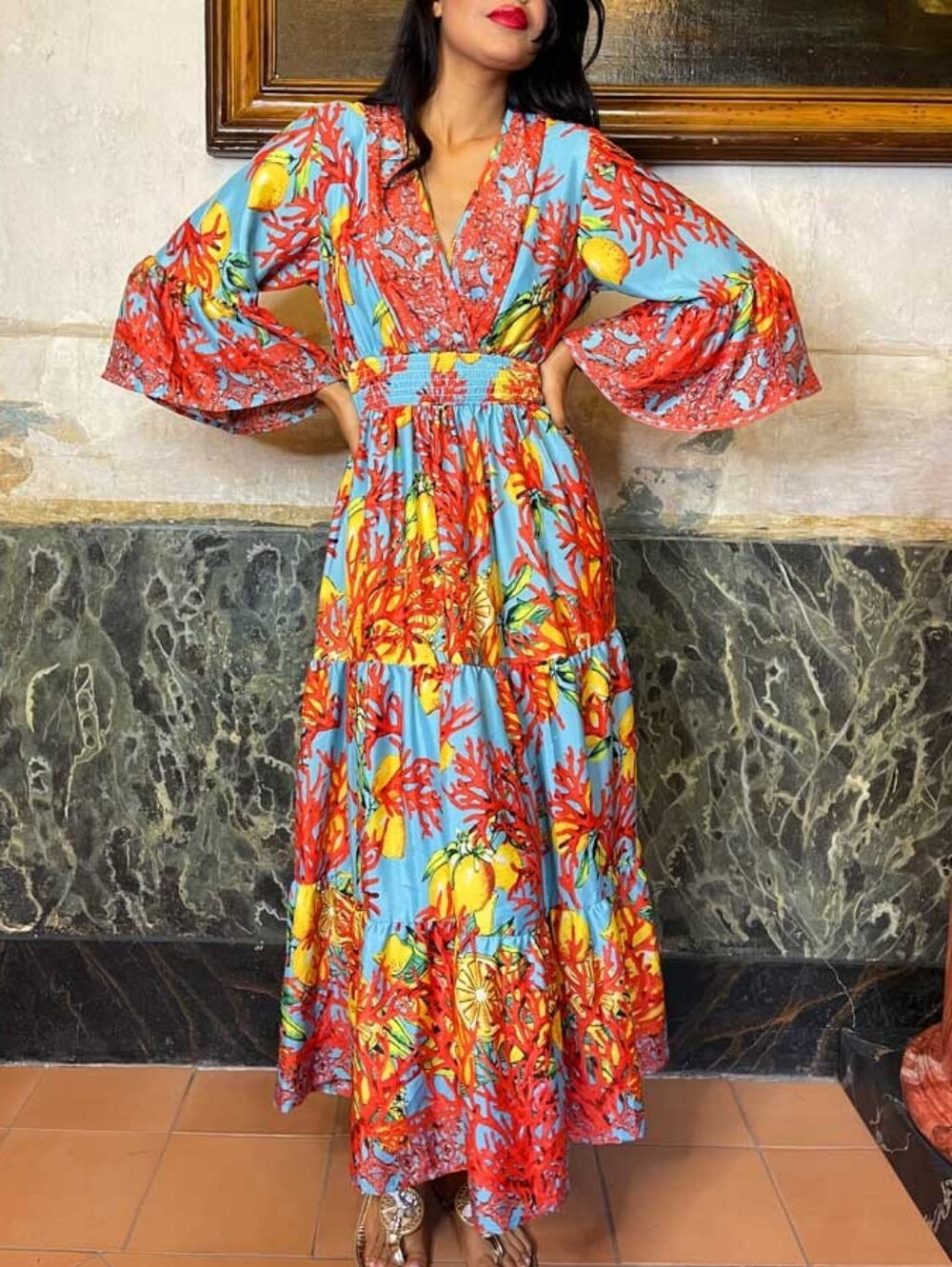 Amina Muaddi Turquoise Maxi Dress with Red and Yellow Floral Print